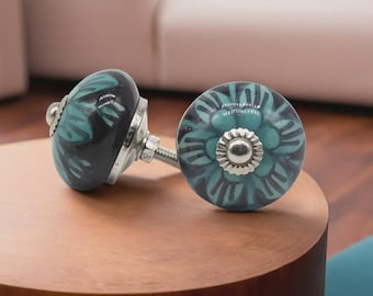 Hand-Painted Ceramic Drawer Knobs, Seafoam Green Floral Cabinet Pulls