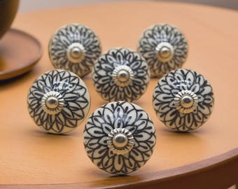 Hand Painted Ceramic Knob – Black & White Round Drawer Pull – Vintage Style Cabinet Hardware