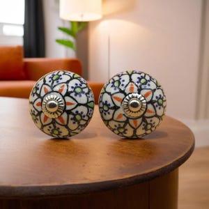 Ceramic Drawer Knob – Hand Painted Blue White Cabinet Pull – Vintage Boho Furniture Knob