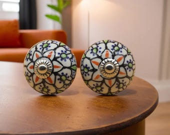 Ceramic Drawer Knob – Hand Painted Blue White Cabinet Pull – Vintage Boho Furniture Knob