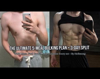 Programa de volumen dividido de 3 días y plan de alimentación – Plan de desarrollo muscular para hombres – Guía de entrenamiento fitness – Descarga instantánea