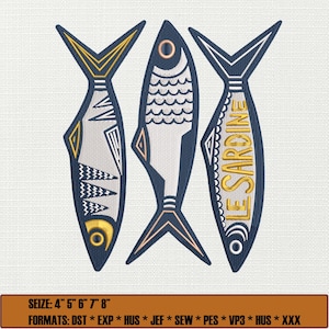 Sardinen Stickdatei, Bluefish Stickdatei, französische Le Sardine Küche Deko Deko Maschine, Fisch Stickdatei