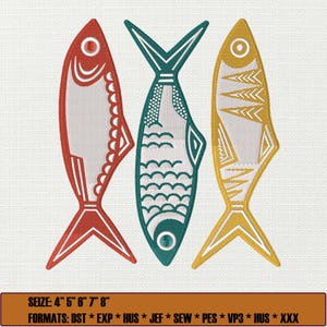 Sardinen Stickdatei, Fischstickerei, Küchendeko Maschinenstickerei, Fischstickerei, Meerestierstickerei