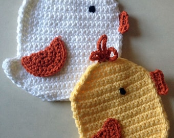 Hen & Chickadee Crochet Pot Holder Set, handmade, MADE TO ORDER