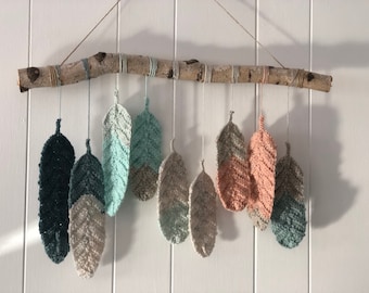 Crochet Feathers Coastal Colored Wall Hanging, Handmade