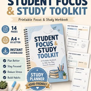 May include: A spiral-bound workbook titled "Student Focus & Study Toolkit" with the text "Printable Focus & Study Workbook." The cover is light blue with a paper airplane graphic. Includes 14 pages of printable worksheets, a study planner, and ADHD-friendly content.
