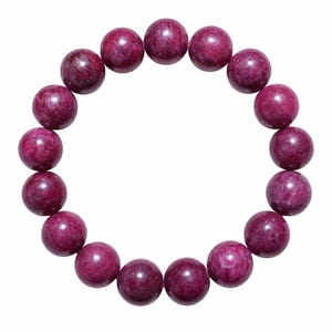 May include: A circular bracelet composed of fifteen polished, spherical beads in a deep magenta-purple hue. Each bead features a smooth, reflective surface with subtle natural variations in color and texture, arranged in a continuous loop.