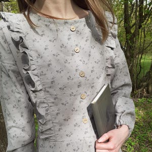 Cottagecore Floral Midi Dress – Modest Prairie Style with Ruffle Trim and Long Sleeves