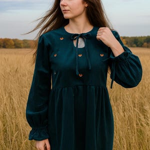 Corduroy Cottagecore Dress with Fox Embroidery – Long Sleeve Fall Prairie Dress