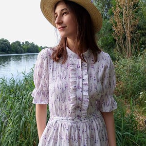 Cottagecore Cotton Midi  Dress with Button Front & Ruffles