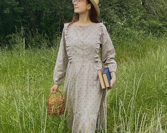 Vintage Floral Midi Dress – Modest Cottagecore Dress with Ruffle Trim and Long Sleeves