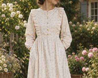 Floral Cotton Midi Dress: Vintage Prairie Style with Ruffles