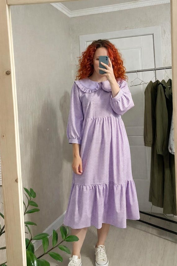 cottagecore gingham dress Summer With Peter Pan Collar and Ruffle Hem - Midi Style breathable 100% natural cotton Size:S (0-8) Yellow gingham AM-WR-11223 Romantic Boho Wedding Dress