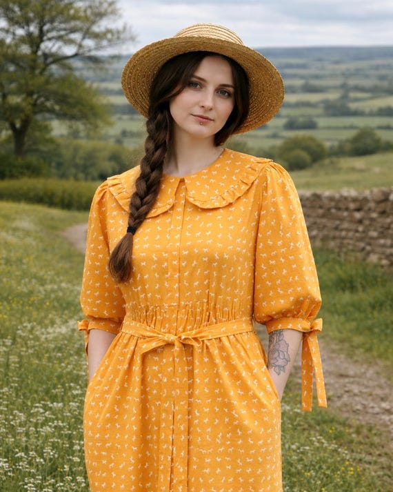 Cottagecore Midi Dress with Peter Pan Collar and Puff Sleeves
