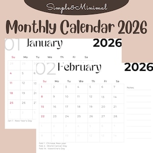 2026 Calendar 2026 Monthly Planner Landscape Elegant Monthly Calendar Sunday Start 2026 Wall Calendar Monthly PRINTABLE PDF Instant Download