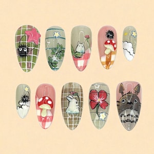 Hand Painted Totoro Nail Art Press On Nails, Studio Ghibli Inspired Nail Box with Cute Cartoon Designs, Anime Cosplay Gift, Anime Nail Box