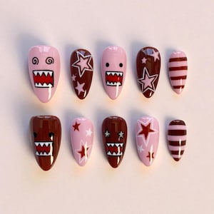 Funny Monster Nail Art Press On Nails, Pink and Brown Cartoon Nail Box, Cute Star Stripes False Nails, Handmade Kawaii Nail Set