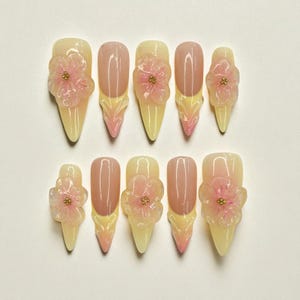 Fairy Dream Flower Garden Long Almond Press On Nails, 3D Gel Fairycore Fake Nails, Dreamy Nails for Birthday Vacation Holiday, Nail Gift