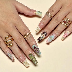 Elysian Romantic Press-On Nails – 3D Flowers, Gold & Pearl Details, Handmade Long Square Nails for Classic Elegance, Events and Gift For Her