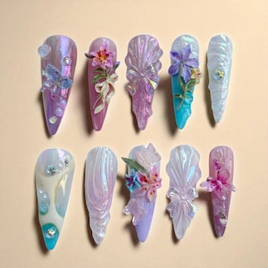 Fairycore Pastel 3D Press on Nails, Nature-Inspired by Flowers, and Butterfly, Summer Gel Nail, Dreamy Iridescent Acrylic Faux Nails