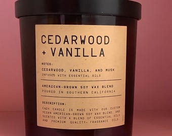 LEOBEN CANDLES | Cedarwood Vanilla Scented Soy Candle: 40 Hour Vegan Essential Oils