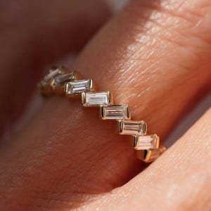 Low Profile Baguette Moissanite Bridal Ring Dainty Baguette Stacking Ring 14k Yellow Gold Bridal Set Wedding Ring Band, Customize Ring