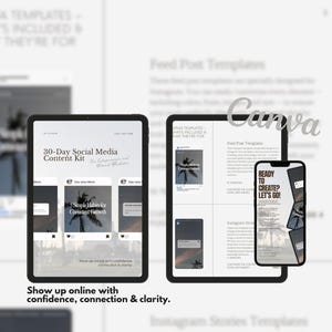 Puede incluir: Una exhibición de productos de marketing digital con una tableta y un teléfono inteligente que muestran plantillas de contenido de redes sociales. La tableta muestra un kit de contenido de redes sociales de 30 días. El teléfono inteligente muestra el texto "Ready to Create? Let's Go!"