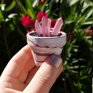 May include: A small terracotta pot with white painted stripes is filled with black soil and pink crystal points. The pot is being held in a hand.
