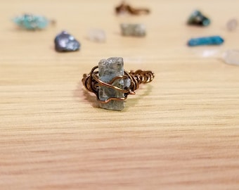 Raw Green Kyanite Wire-Wrapped Ring in Bronze