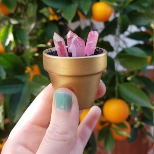 May include: A small gold pot filled with pink iridescent crystals. The pot is sitting in a hand.