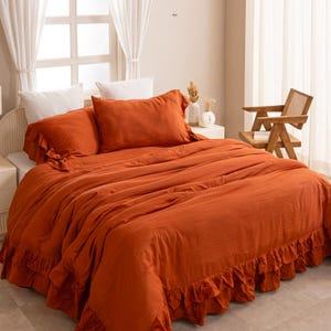 Rustic Style Double Ruffle Linen Duvet Cover. Softened and washed linen. linen Bedding Set . LINEN DUVET COVER with 2 Pillowcase king Queen