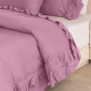 Rustic Style Double Ruffle Duvet Cover Natural Linen Bedding Set With 2 Pillow cover Queen Soft Duvet Cover Softened and Washed Queen Size