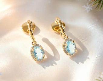 Brincos de pressão azul-água, argola dourada, halo oval para quem não furou a orelha, cor da pedra de nascimento de março, delicado presente de primavera para o Dia dos Namorados.
