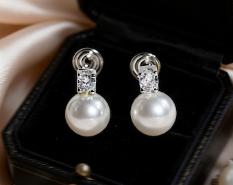 Koud witte parel clip oorbellen, zilveren zirkoon druppel, niet-doorboorde bruids bruiloft sieraden, Moederdag cadeau voor moeder, verjaardagscadeau