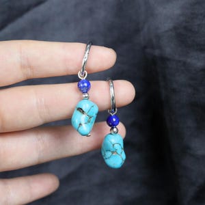 Turquoise & Lapis Lazuli Hoop Earrings: Sterling Silver Boho Gemstone Dangle