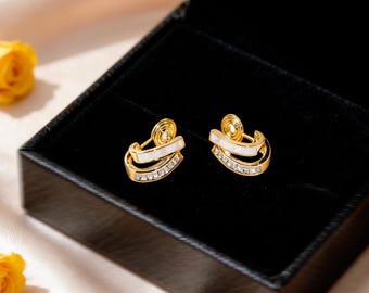 Mother of Pearl Huggie Clip On Earrings, Rare Double Hoop Non Pierced Studs, Pain Free Spiral Clip, Quiet Luxury Everyday Jewelry Gift