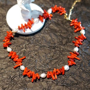 Red Coral & Baroque Pearl Necklace: Chunky Sea Bamboo Jewelry