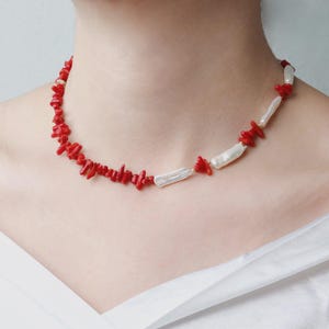Red Coral & Baroque Pearl Necklace: Coastal Boho Indian Jewelry
