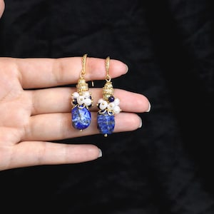 Lapis Lazuli Pearl Drop Earrings: 18K Gold Plated Gemstone Dangle