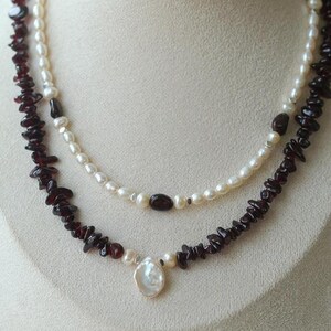 GEMBEA Garnet and Baroque Pearl Pendant Necklace: Sterling Silver Plated, Gemstone Choker