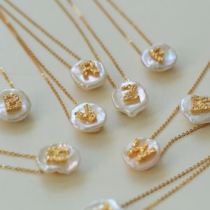 GEMBEA Personalized Baroque Pearl Initial Necklace: 18K Gold-Plated Letter Pendant, Customized Name Choker