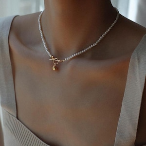 GEMBEA Freshwater Pearl Choker Necklace: Gold Ball Pendant, 18K Gold Plated