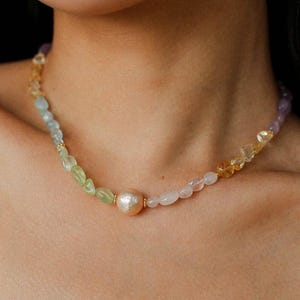 GEMBEA Candy-colored Natural Stone Bead Necklace With Baroque pearl, Summer Gemstone Necklace, Gemstone and Pearl Necklace, Vacation Jewelry