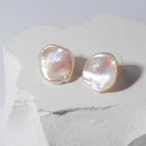 GEMBEA Large Petal Baroque Pearl Stud Earrings – Handmade Freshwater Pearl Jewelry – Statement Earrings – Gift for Her