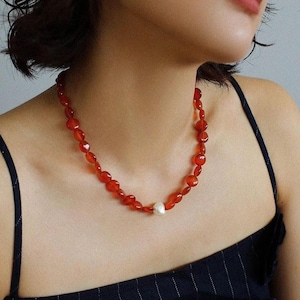 GEMBEA Red Agate Gemstone Beaded Necklace: Real Baroque Freshwater Pearl, 18K Gold Plated