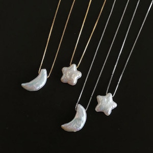 GEMBEA Moon & Stars Baroque Pearl Pendant Necklace: S925 Silver Celestial Jewelry, Minimalist Chain Choker