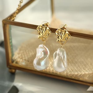 GEMBEA Vintage Gold Baroque Pearl Drop Earrings: 18K Gold Plated, Freshwater Large Flameball