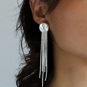 GEMBEA Large-petal Sterling Silver Tassel Pearl Earrings for Women, Simple Long Freshwater Pearl Earrings, Wedding Bridal Earrings
