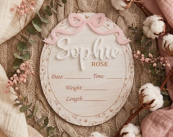 Personalized Bow Baby Girl Birth Announcement Sign, Newborn Photo Prop, Name Announcement Sign For Hospital Newborn, Birth Stat Sign
