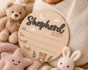 Personalisierte Geburtsanzeige fürs Krankenhaus, Namensschild fürs Krankenhaus, Schild mit Geburtsdaten, Holzschild mit dem Namen des Neugeborenen, Namensschild fürs Baby